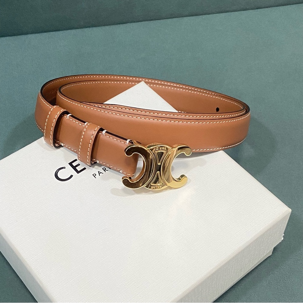 Celine Tan Leather Belt with Gold Buckle SZ85